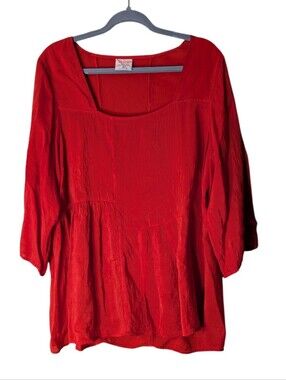 Click by Color Me Cotton Red Tunic Top Lagenlook Square Neck Crinkle sz XL flowy
